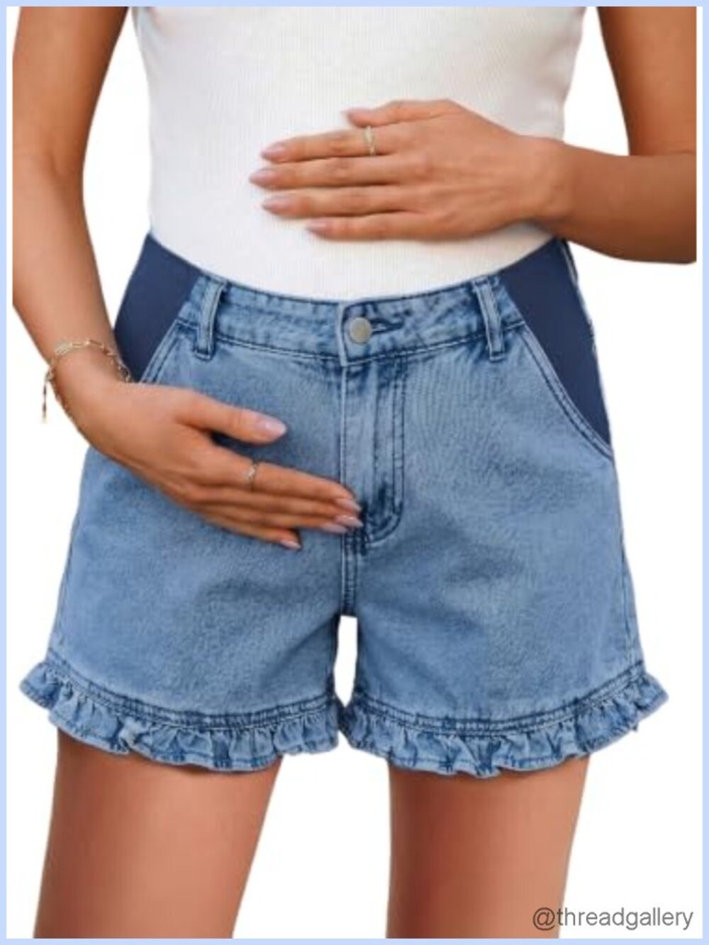 Maternity Denim Shorts Ruffle Hem High Waist Over-Belly Jorts